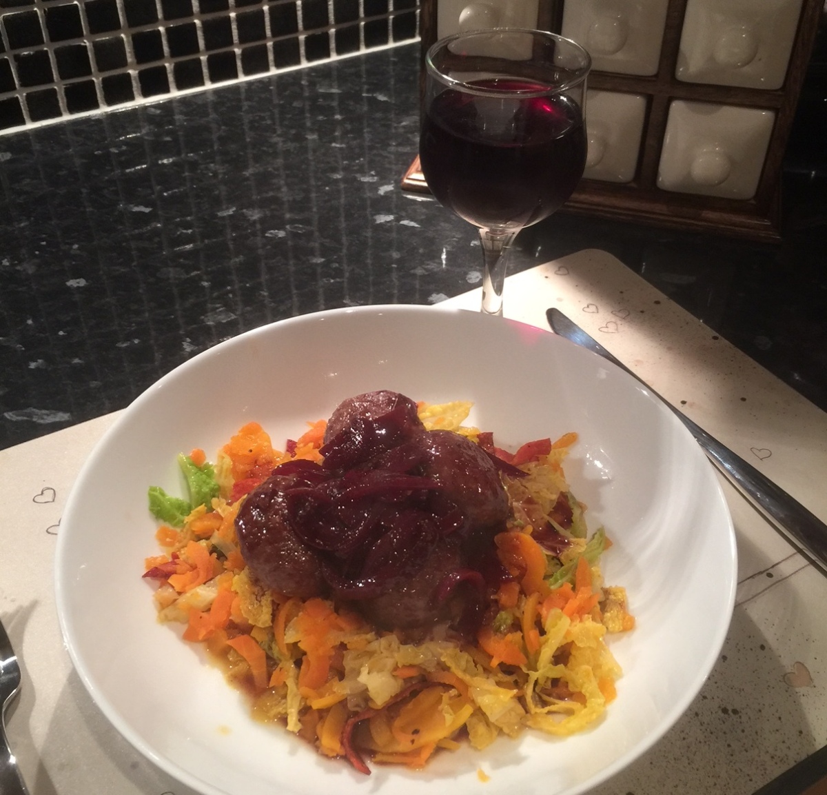 Rich Red Wine Meatballs with Vegetable Pasta